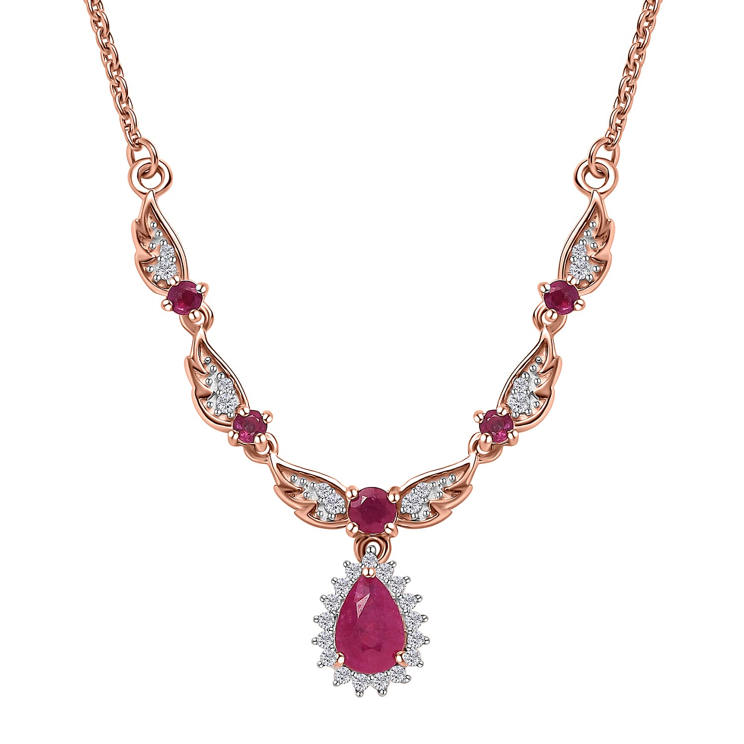 D'Joy Montepuez Ruby and White Zircon Sunburst Necklace 18-20 Inches in Vermeil Rose Gold Over Sterling Silver 1.00 ctw