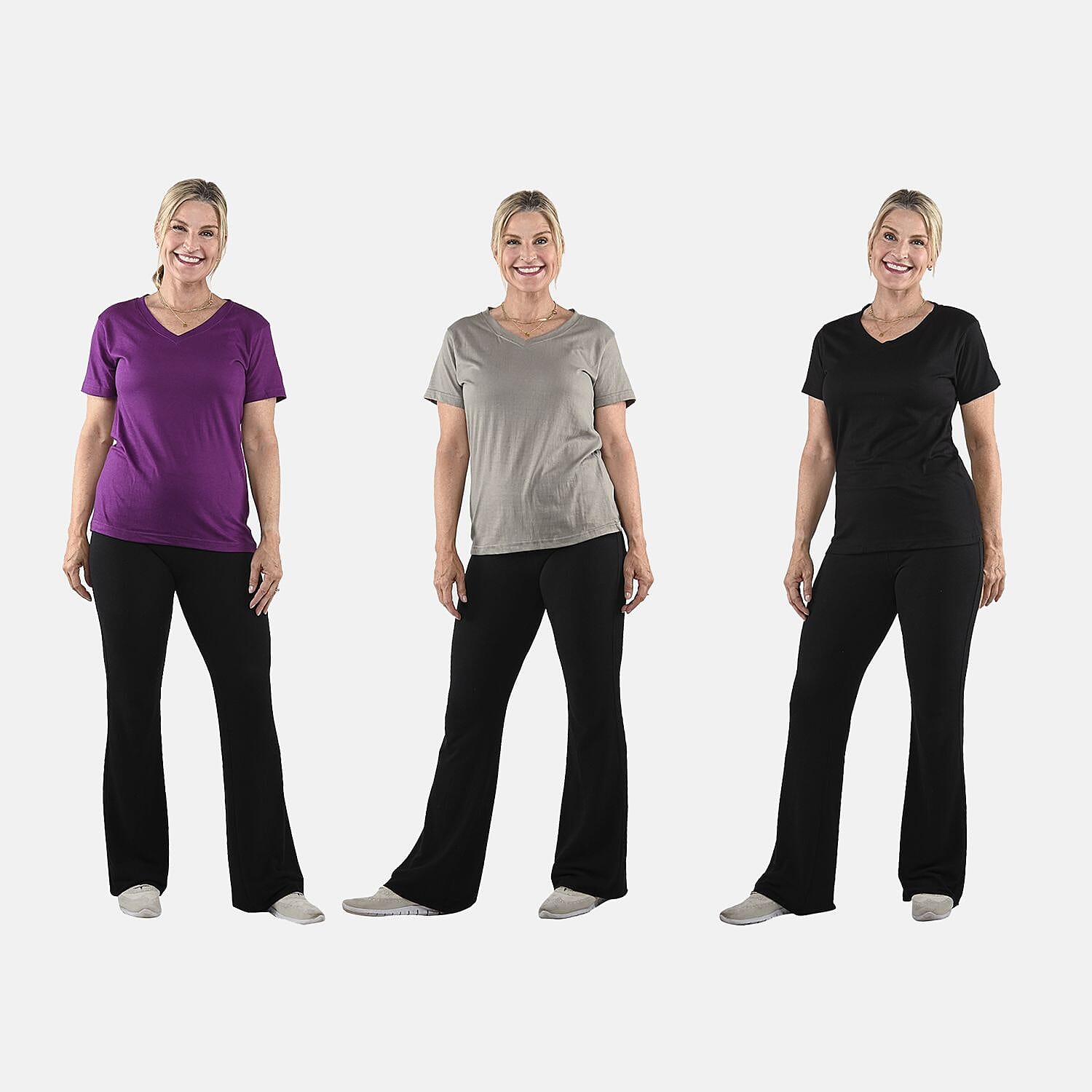 TLV Set of 3 Black, Dark Grey and Purple Cotton Blend V-Neck T-Shirts - S
