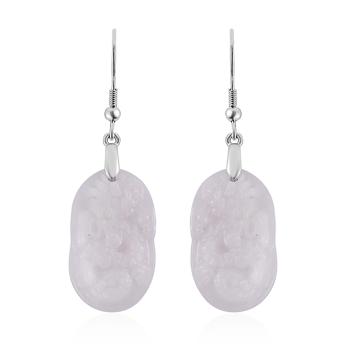 Natural Jade 47.50 ctw Dragon Carved Earrings in Rhodium Over Sterling Silver