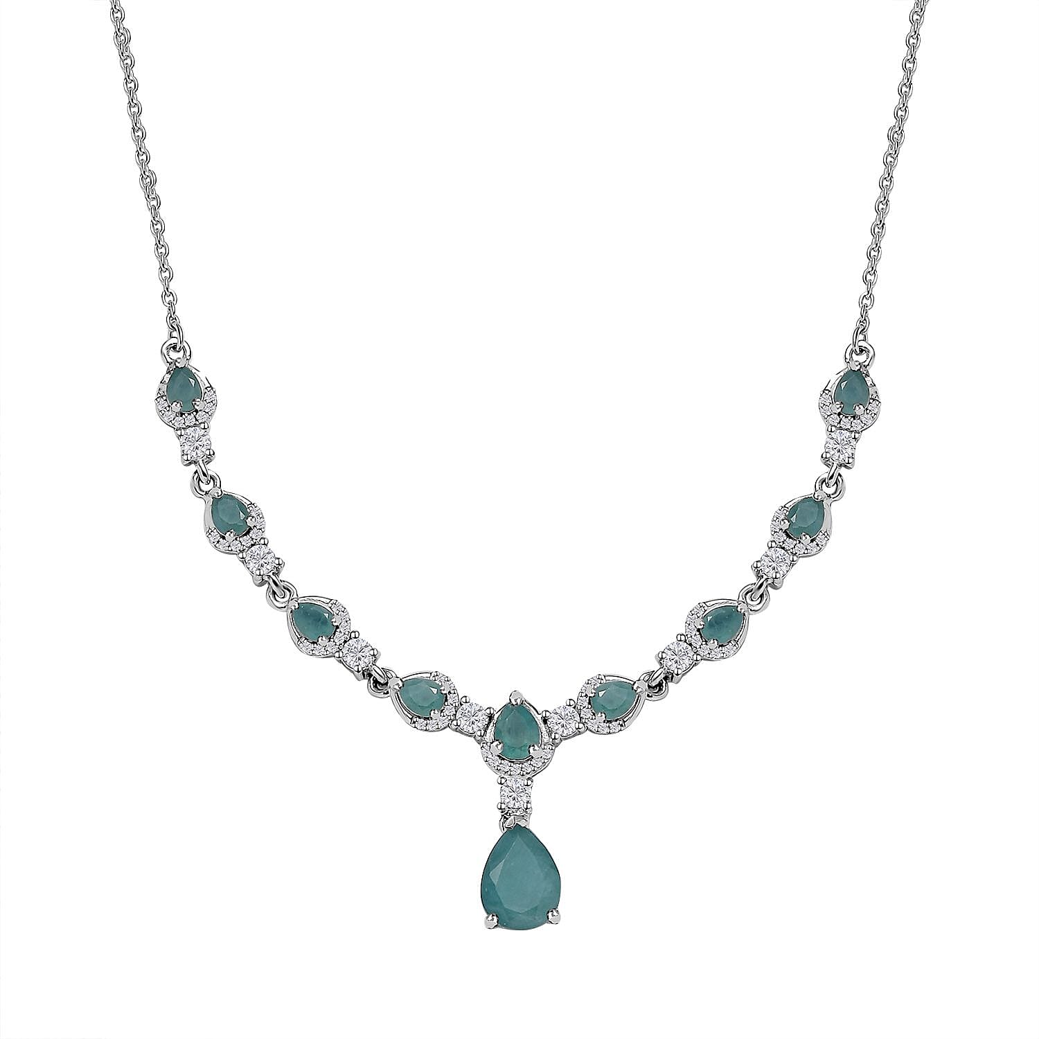 Premium Grandidierite and White Zircon Drop Necklace 18-20 Inches in Platinum Over Sterling Silver 4.50 ctw