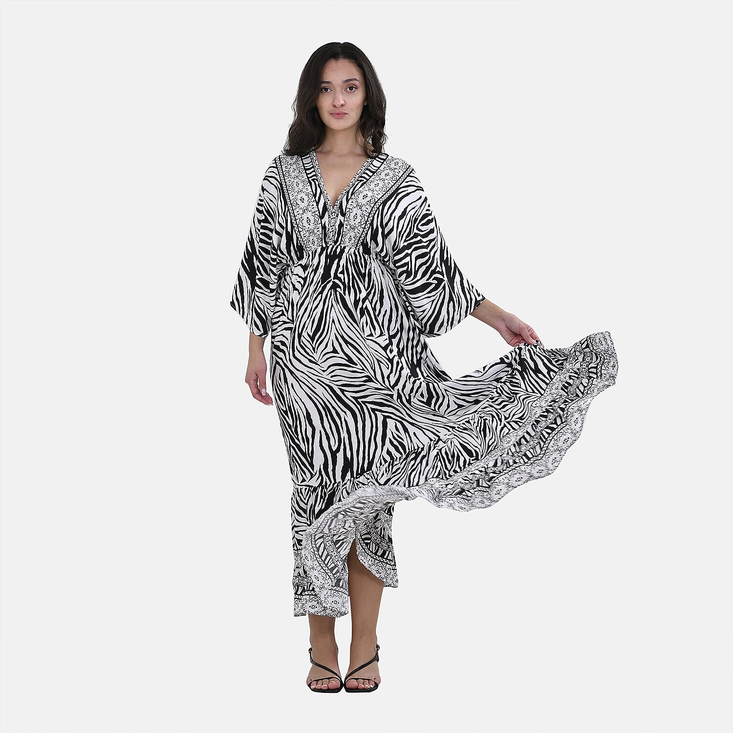 Host Pick TLV Tamsy Neutral Zebra Mixed Print Elastic Waist Maxi Dress - One Size Fits Most