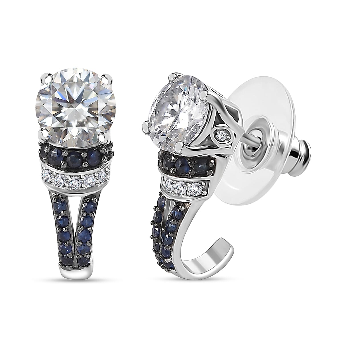 TLV Moissanite (Rnd 7 mm), Blue Sapphire J-Hoop Earrings in Platinum Over Sterling Silver 3.15 ctw