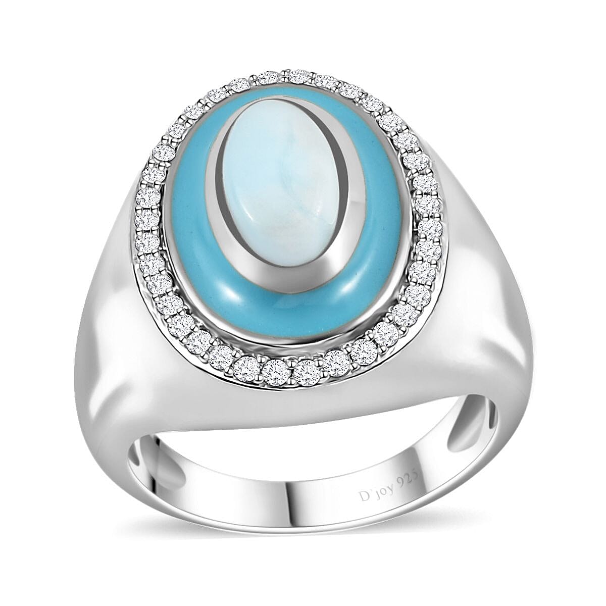 Larimar, Moissanite Ring in Platinum Over Sterling Silver (Size 10.0) 2.10 ctw