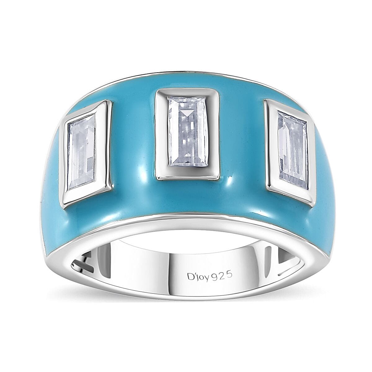 Moissanite (Bgt 6x3mm), Enameled 3 Stone Ring in Platinum Over Sterling Silver (Size 10.0) 1.00 ctw