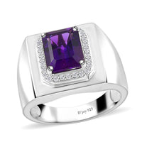 African Amethyst, Moissanite Men's Ring in Platinum Over Sterling Silver (Size 10.0) 3.50 ctw