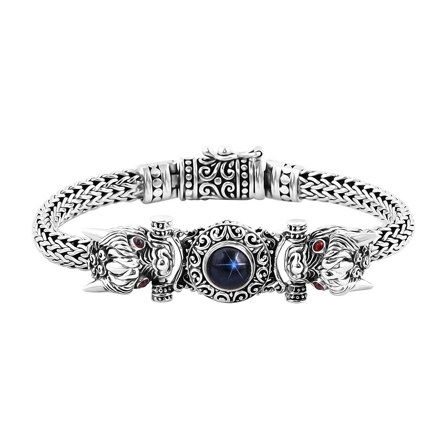 Bali Legacy Blue Star Sapphire (DF), Mozambique Garnet Bracelet in Sterling Silver (6.50 In) 3.30 ctw