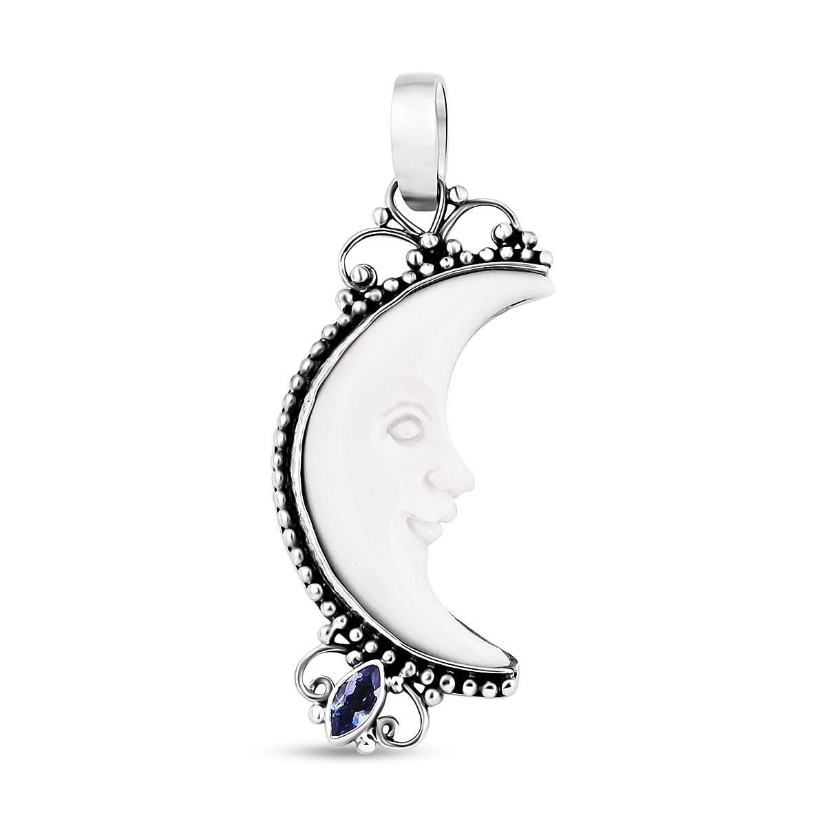 Bali Goddess Carved Bone and Tanzanite 0.25 ctw Pendant without Chain in Sterling Silver