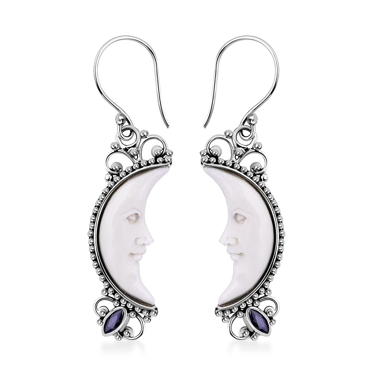 Bali Goddess Carved Bone and Tanzanite 0.30 ctw Earring in Sterling Silver