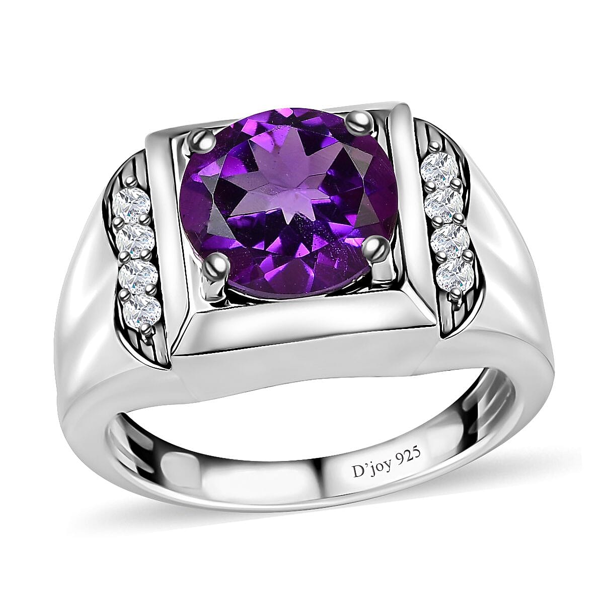 African Amethyst, White Zircon Men's Ring in Platinum Over Sterling Silver (Size 10.0) 3.50 ctw