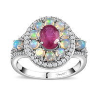 Montepuez Ruby and Multi Gemstone Double Halo Ring in Platinum Over Sterling Silver (Size 6.0) 2.10 ctw