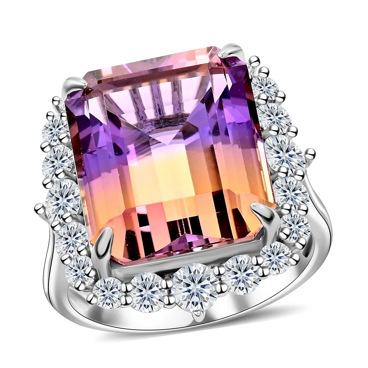 Bi-Color Ametrine, Moissanite Ring in Sterling Silver (Size 10.0) 10.60 ctw