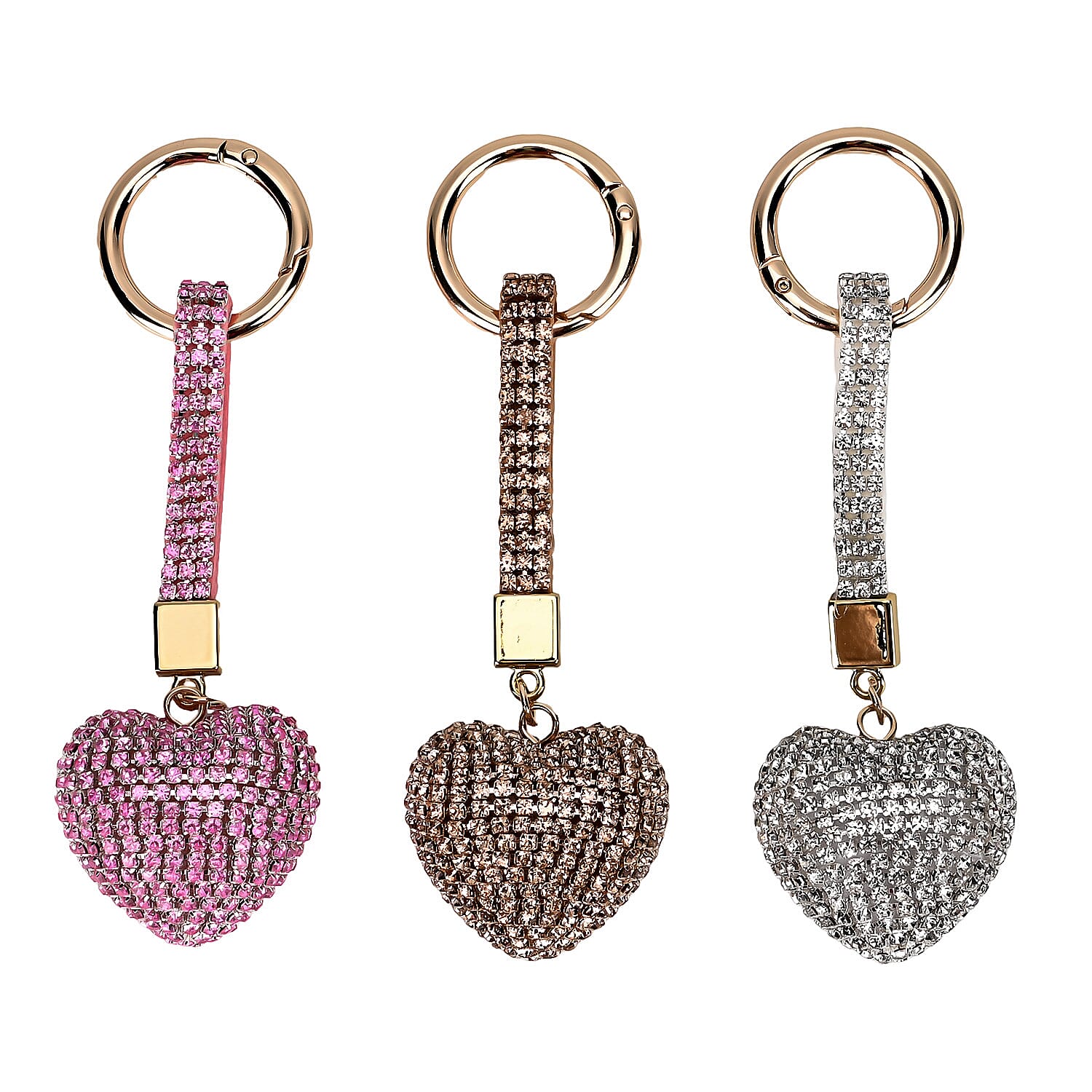 Set of 3 Sparkling Champagne, White, Pink Rhinestone Heart Keychain in Goldtone
