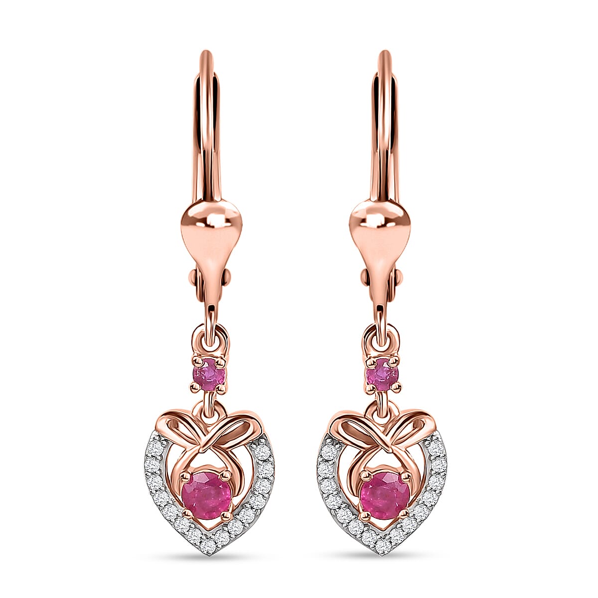 Montepuez Ruby and White Zircon Heart Lever Back Earrings in Vermeil Rose Gold Over Sterling Silver 0.50 ctw