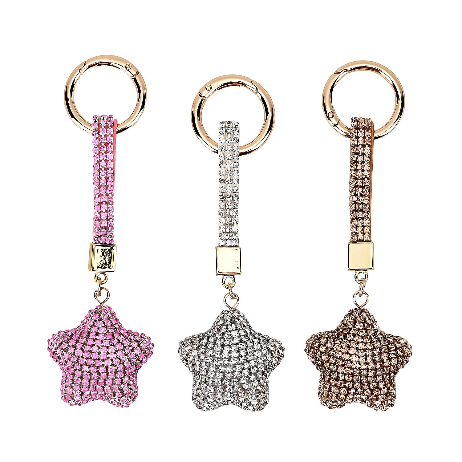 Set of 3 Sparkling Champagne, White, Pink Rhinestone Heart Keychain in Goldtone