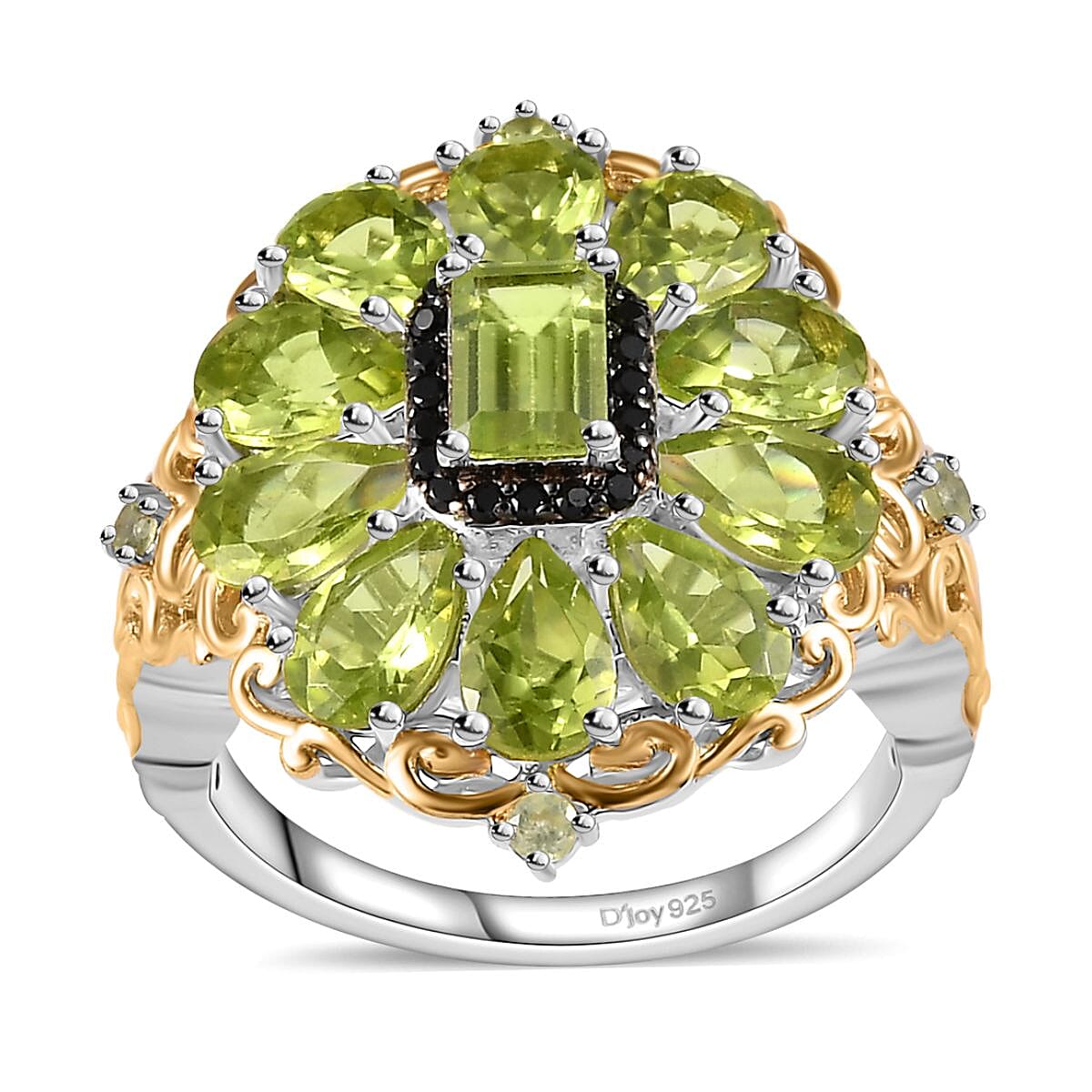 Peridot and Thai Black Spinel Floral Ring in Vermeil YG and Platinum Over Sterling Silver (Del. in 10-12 Days) 5.60 ctw