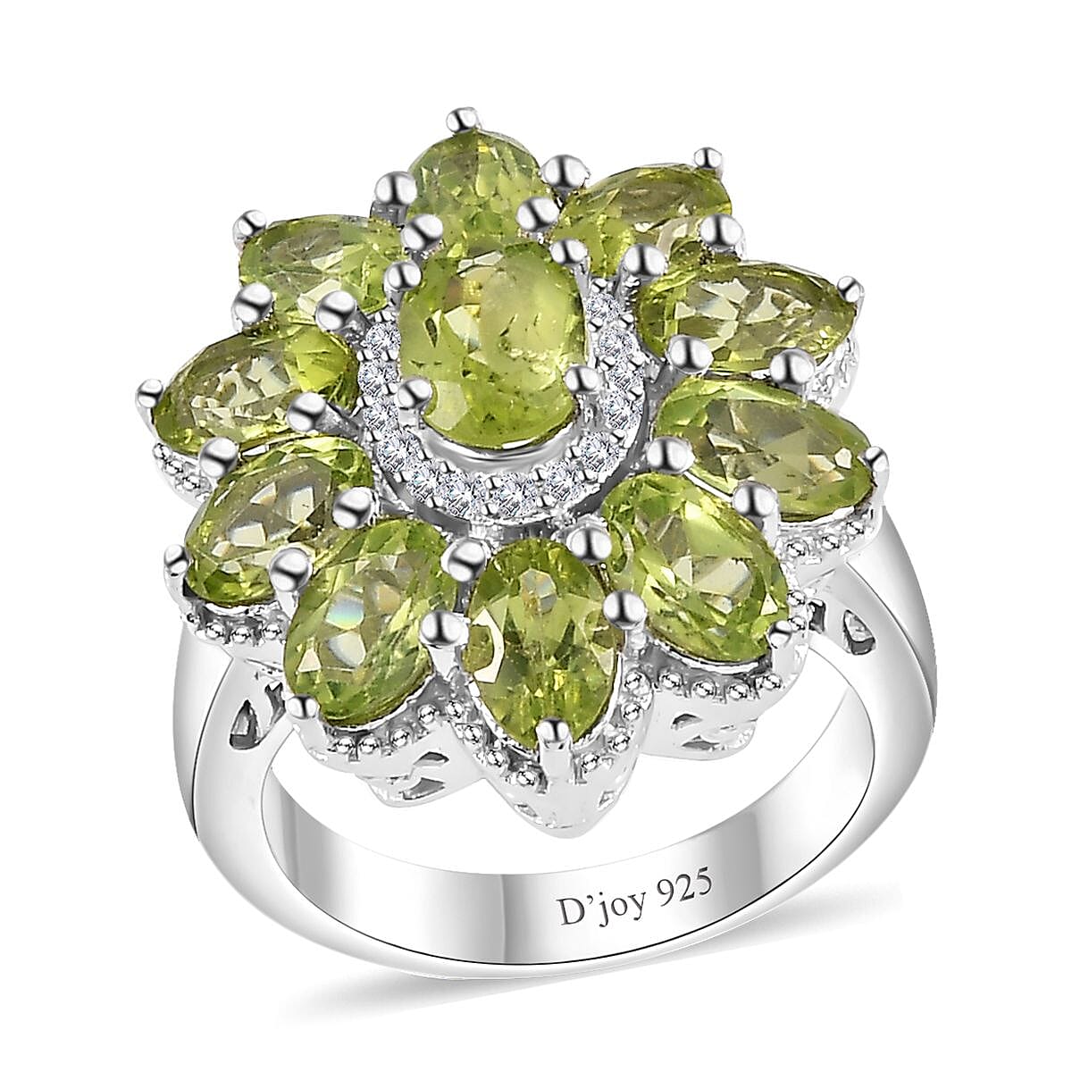 Peridot and White Zircon Floral Ring in Platinum Over Sterling Silver (Size 10.0) 6.00 ctw (Del. in 10-12 Days)