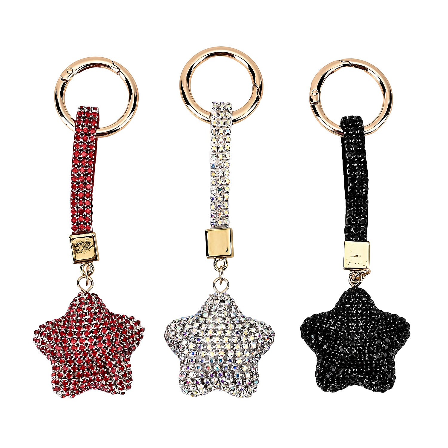 Set of 3 Sparkling Champagne, White, Pink Rhinestone Heart Keychain in Goldtone