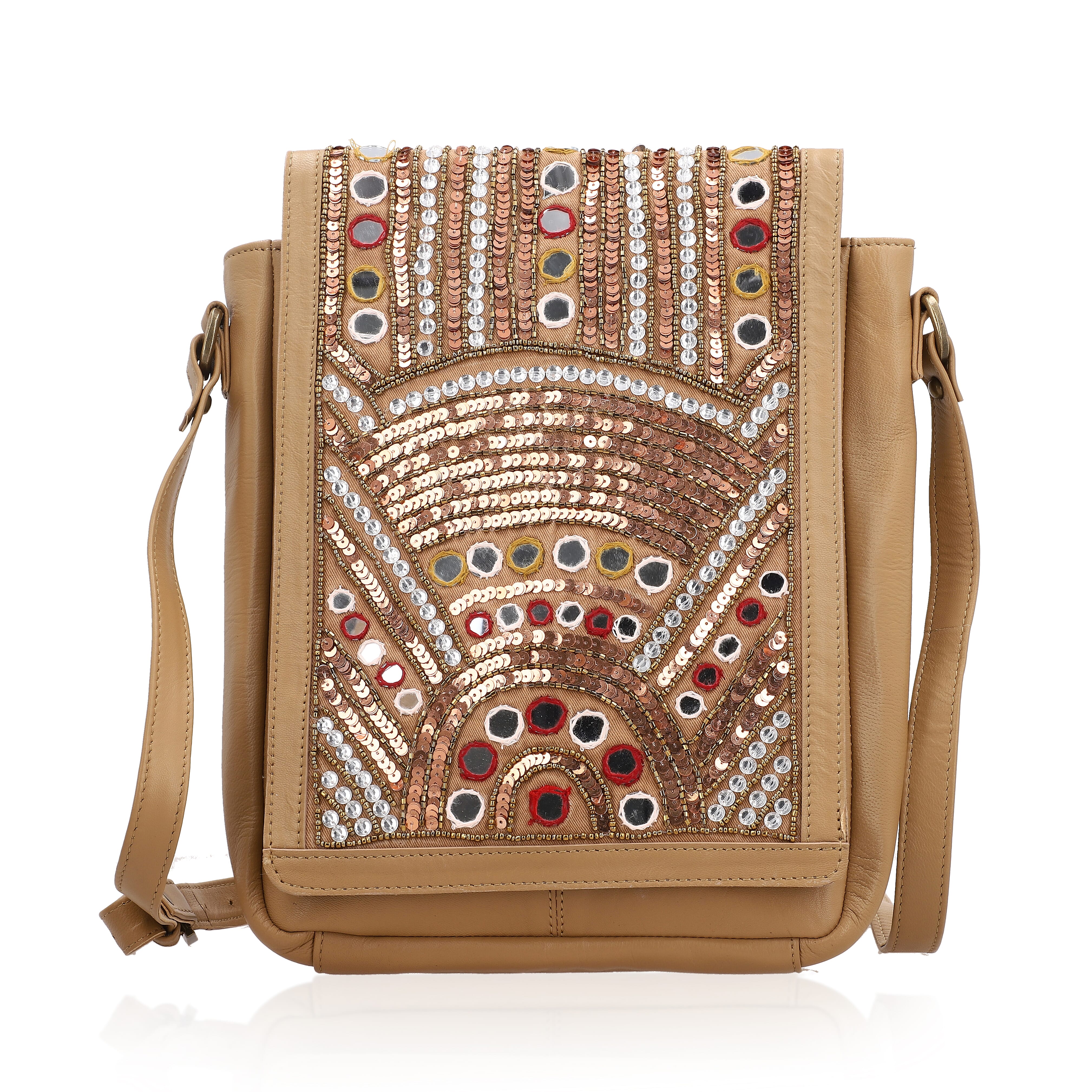 100%  Genuine Leather embellished crossbody sling Bag Size: 10.5(L) x 2.5 (W) x 8.5 (H)  inches Color:Black "