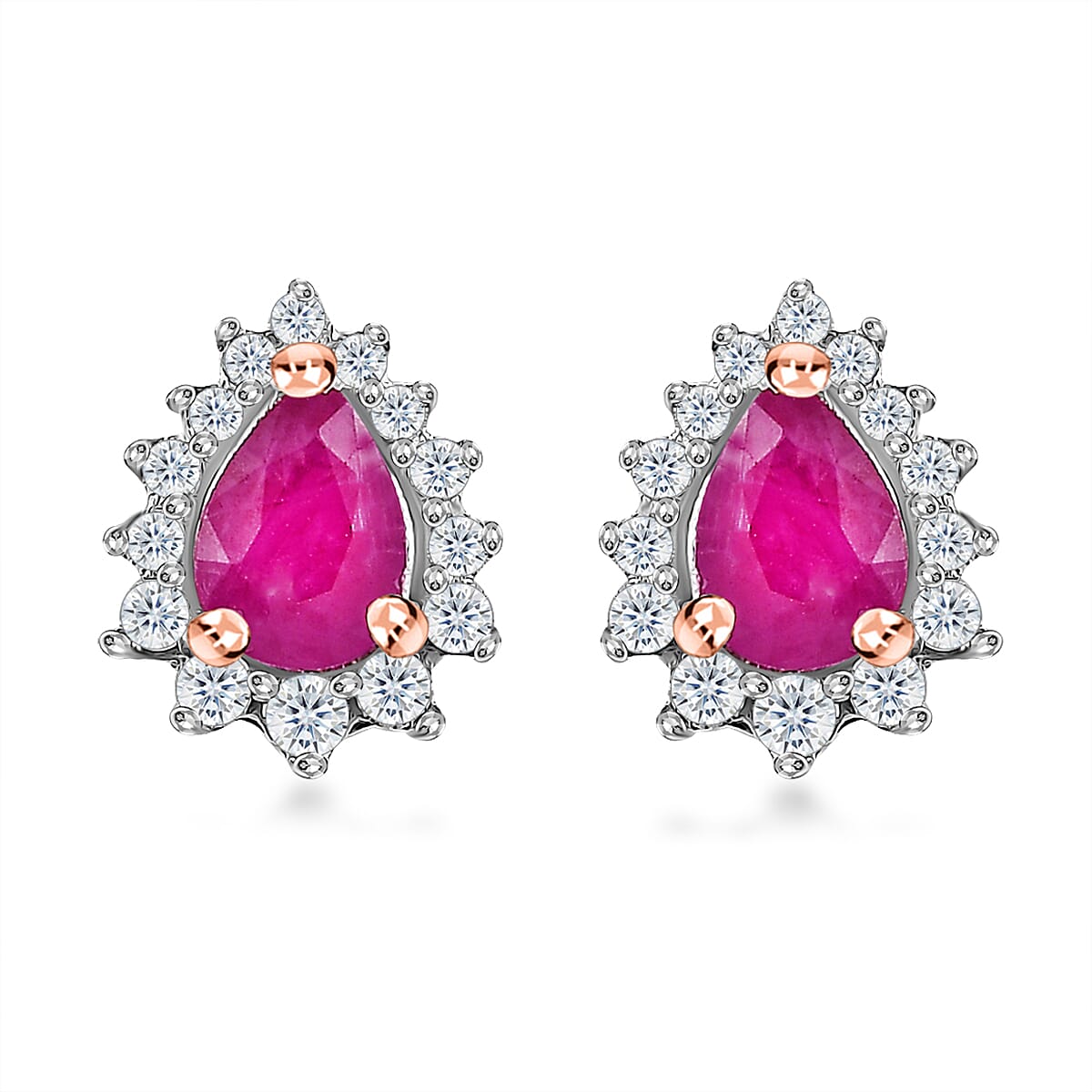 Montepuez Ruby and White Zircon Sunburst Stud Earrings in Vermeil Rose Gold Over Sterling Silver 0.60 ctw