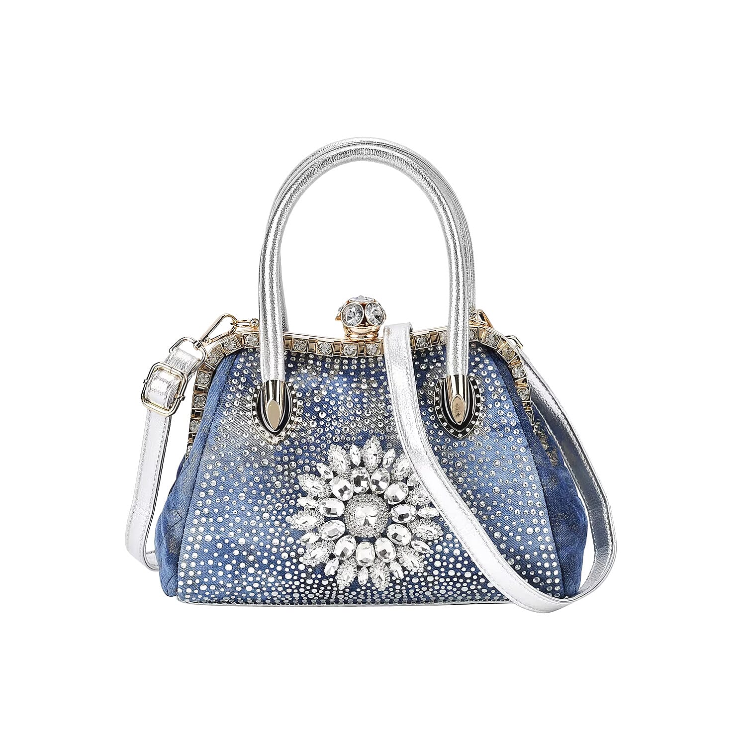 Blue Sparkling Crystal Flower Crossbody Bag (11"x5.5"x7.9") with Handle Drop and Shoulder Strap 47"