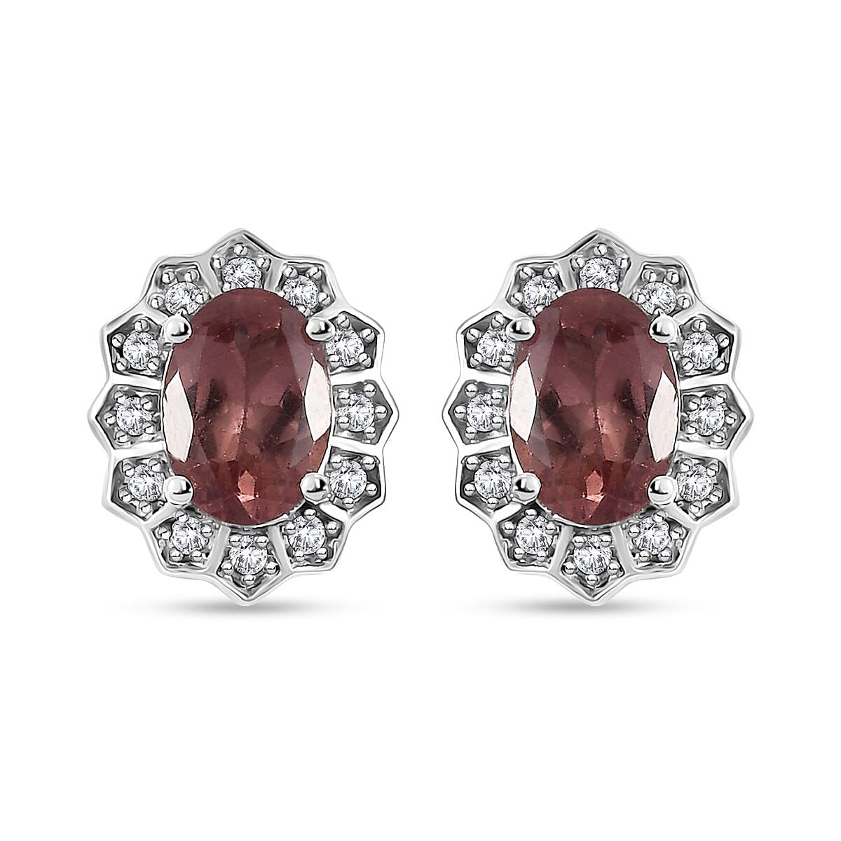 Blush Apatite and Moissanite Halo Stud Earrings in Platinum Over Sterling Silver 1.75 ctw