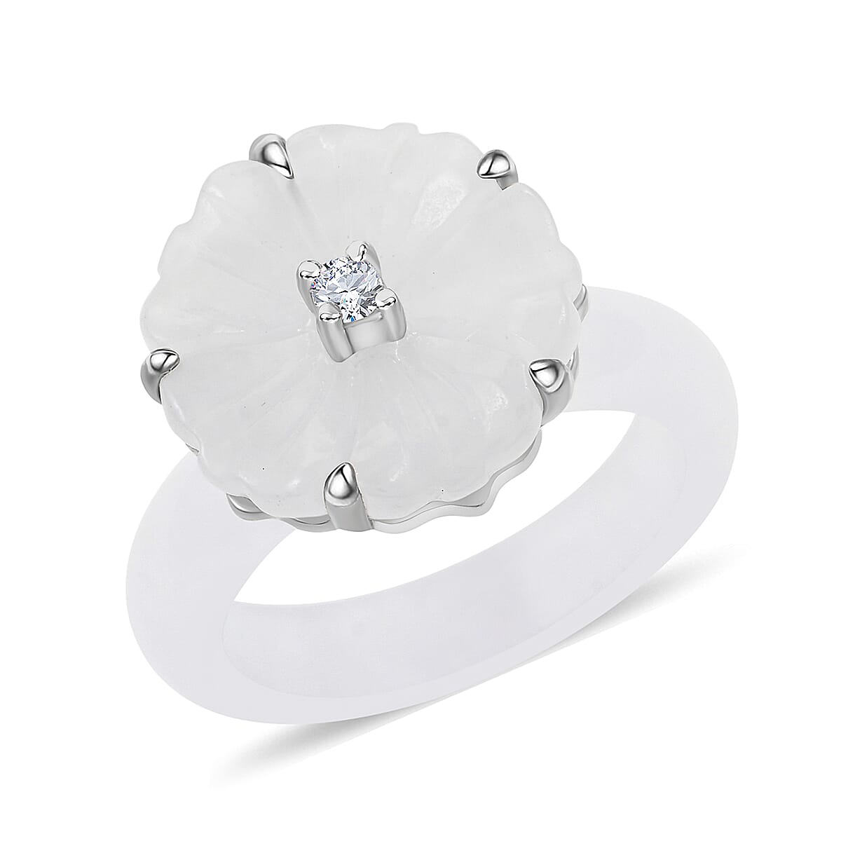 Natural Jade Carved, Moissanite Floral Ring in Platinum Over Sterling Silver (Size 10.0) (Del. in 8-10 Days) 21.20 ctw