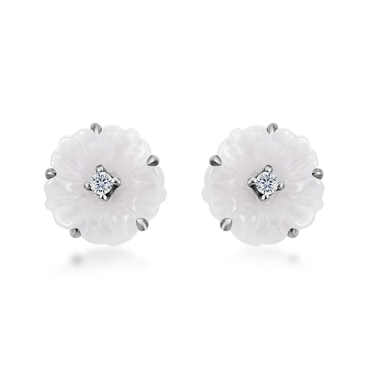 Natural Jade Carved and Moissanite Floral Earrings in Platinum Over Sterling Silver 8.25 ctw