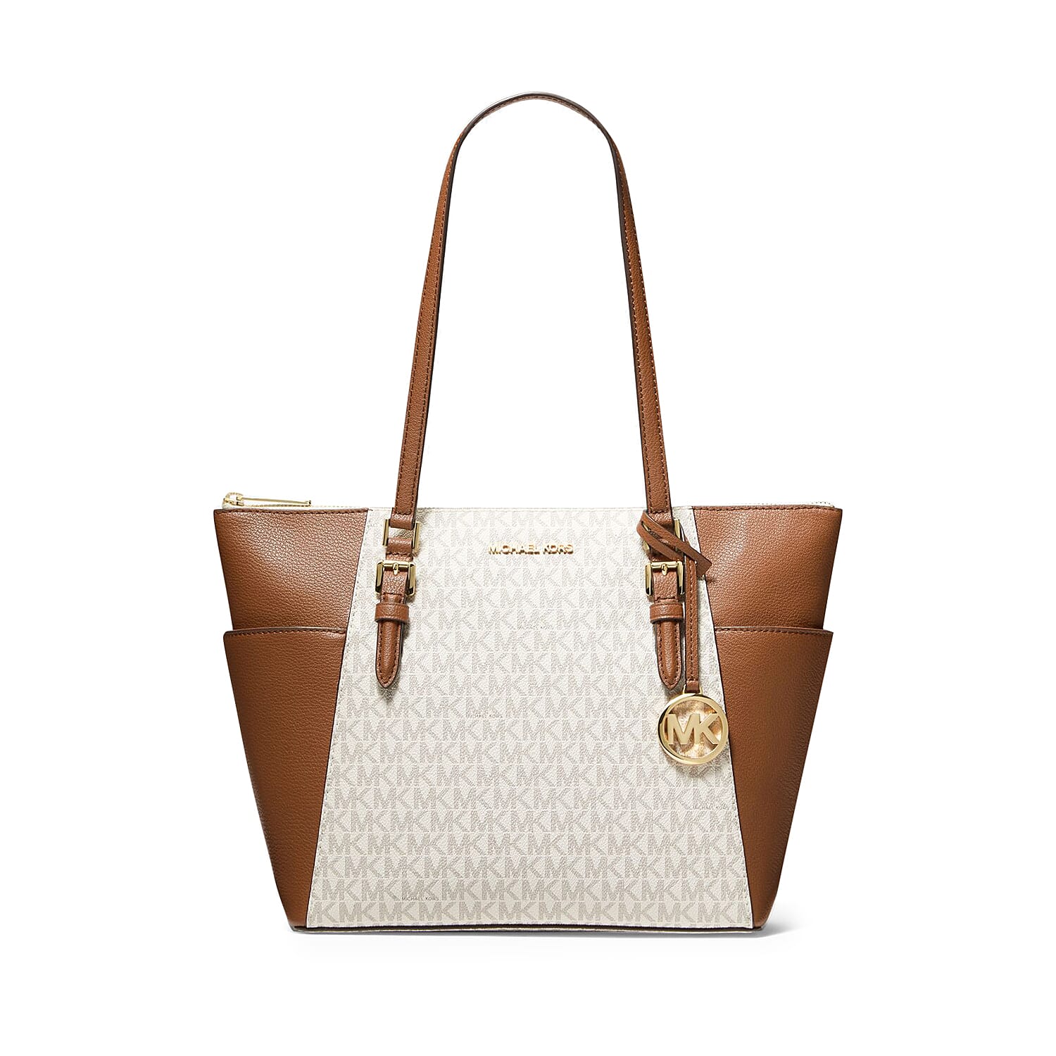 Michael Kors Ivory & Tan Charlotte Large Logo and Leather Top-Zip Tote Bag (15"x4.75"x10") (Ships in 8-10 Business Days)