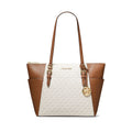 Michael Kors Ivory & Tan Charlotte Large Logo and Leather Top-Zip Tote Bag (15"x4.75"x10") (Ships in 8-10 Business Days) - Sticky add to cart bar