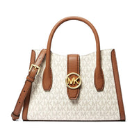 Michael Kors Ivory & Tan Canvas Gabby Small Logo Satchel Bag (9.75"x3.5"x7") (Ships in 8-10 Business Days)