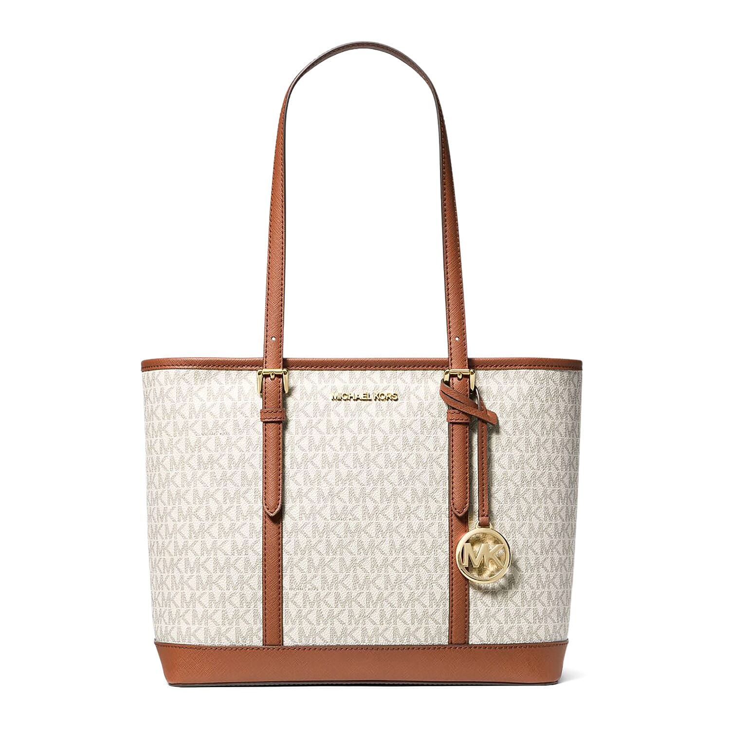 Michael Kors Ivory & Tan Canvas Jet Set Travel Small Logo Top-Zip Tote Bag (14.75"x5.5"x10") (Ships in 8-10 Business Days)
