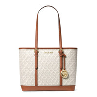 Michael Kors Ivory & Tan Canvas Jet Set Travel Small Logo Top-Zip Tote Bag (14.75"x5.5"x10") (Ships in 8-10 Business Days)