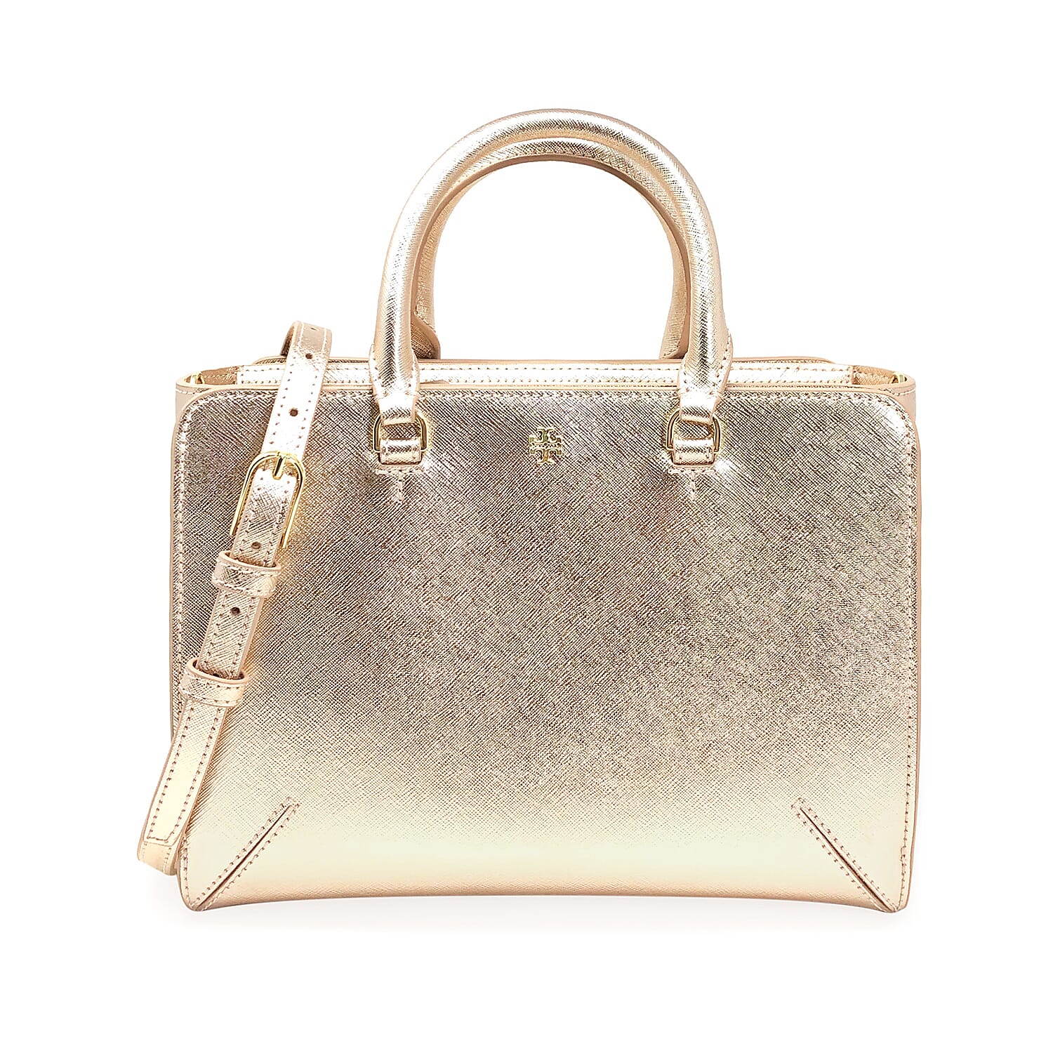 Tory Burch Rose Gold Saffiano Leather Emerson Small Zip Tote Bag (10.5"x4.25"x8")
