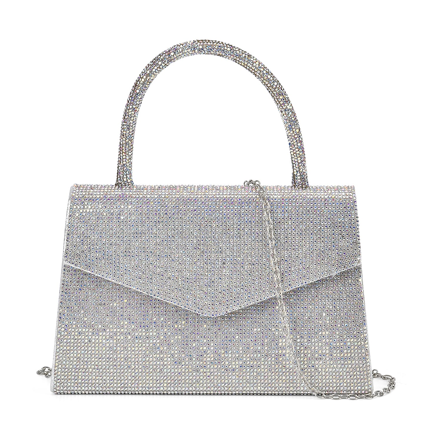 Sparkling Aurora Borealis Crystal Faux Leather Clutch Bag (8.7"x2.4"x5.5") with Handle Drop and Long Chain Strap 47"