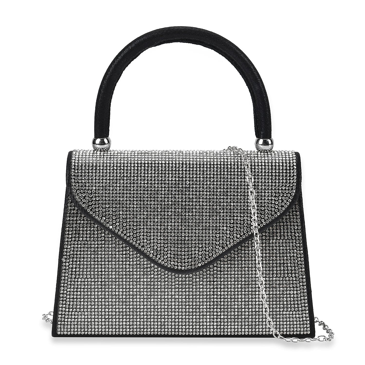 Sparkling Black Clutch Bag (7.9"x2.4"x5.5") with Handle Drop & 46.45" Chain Strap