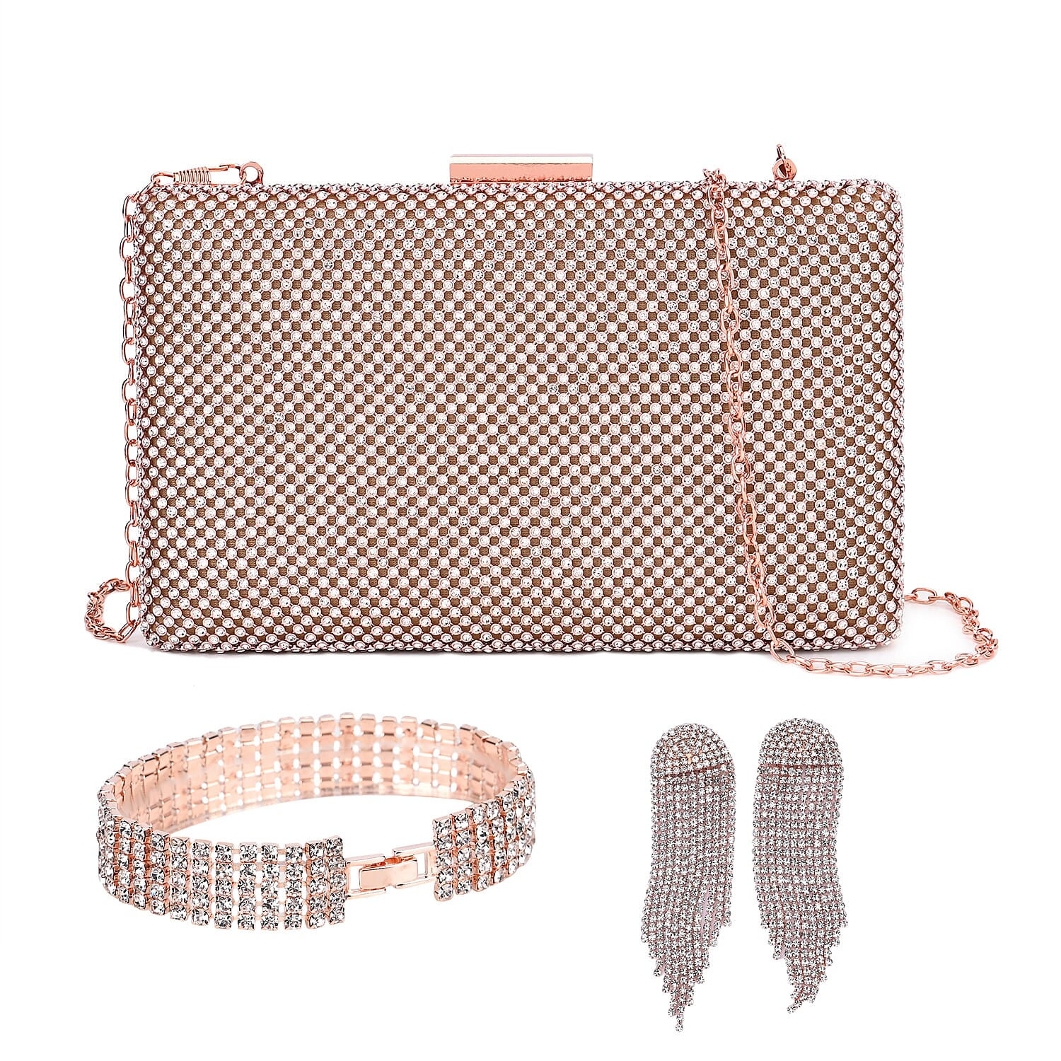 Set of 3, Rose Crystal Clutch Bag (8.5"x4.5") in 47" Shoulder Chain, 1 pc Crystal Bracelet 8inche, with 1 Pair Crystal Earrings