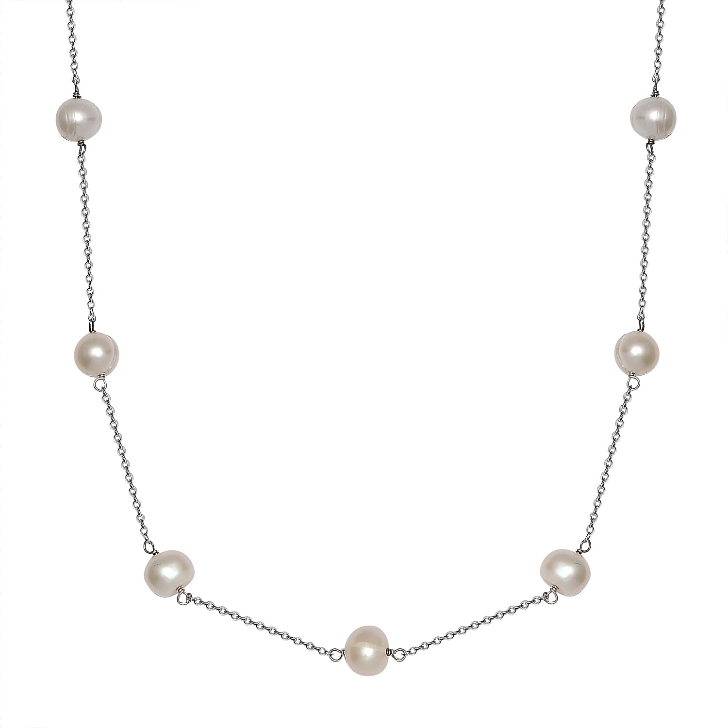 White Pearl Station Necklace 18 Inches in Rhodium Over Sterling Silver