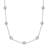 White Pearl Station Necklace 18 Inches in Rhodium Over Sterling Silver