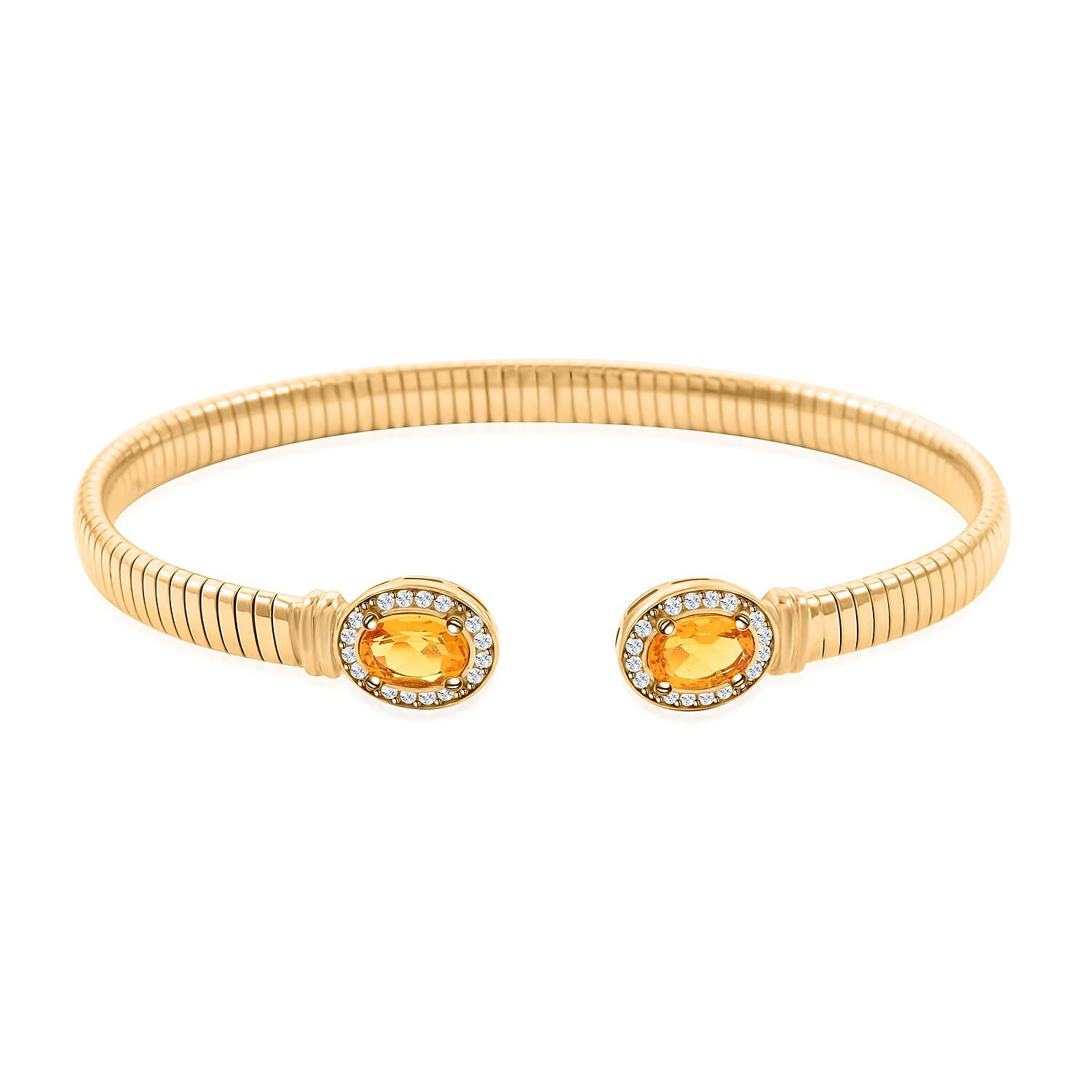 Italian Citrine, Simulated Diamond Bangle Bracelet in 14K YG Over Sterling Silver (6.50 In) 2.40 ctw