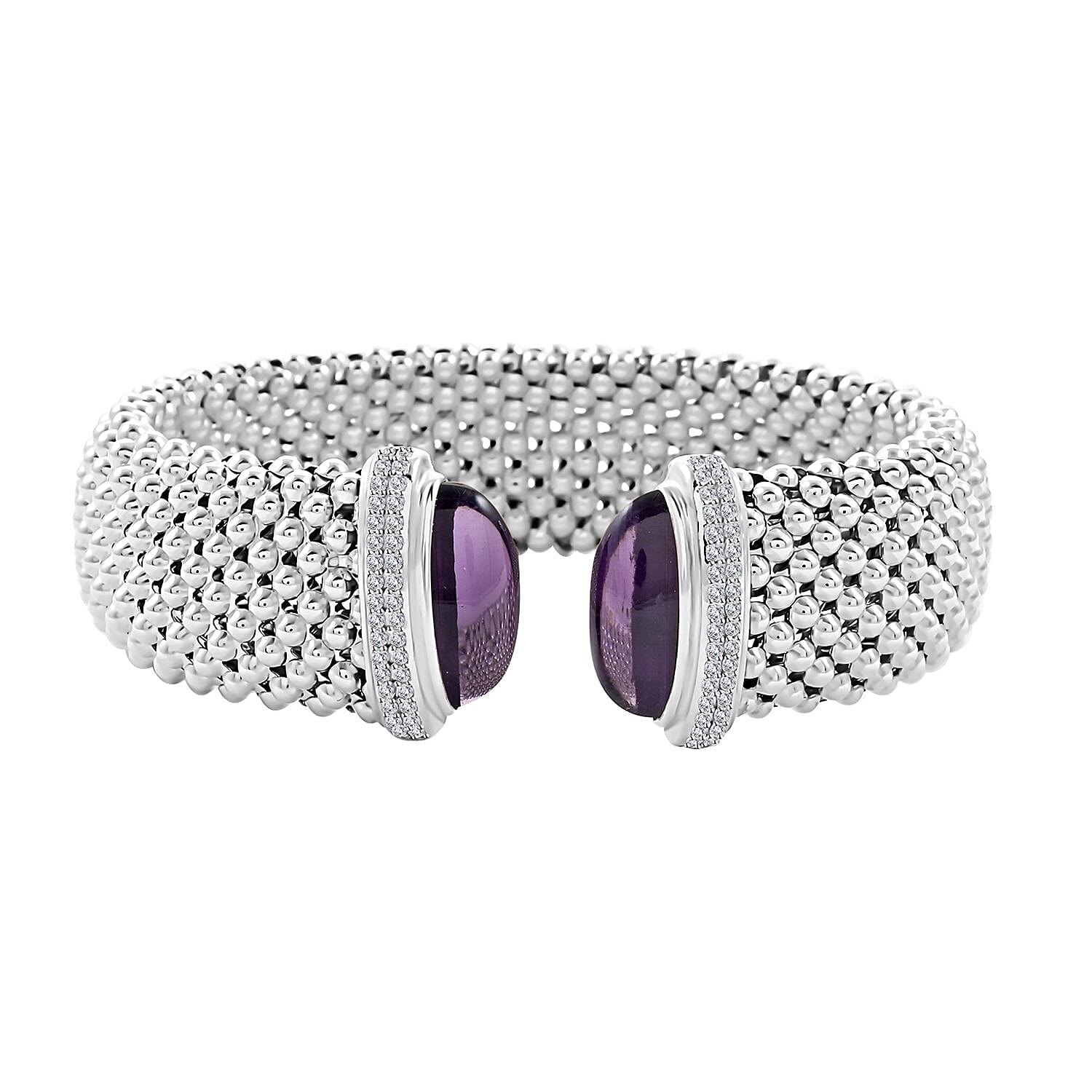 Italian African Amethyst and Simulated Diamond Bangle Bracelet in Sterling Silver (6.50 In) 5.90 ctw