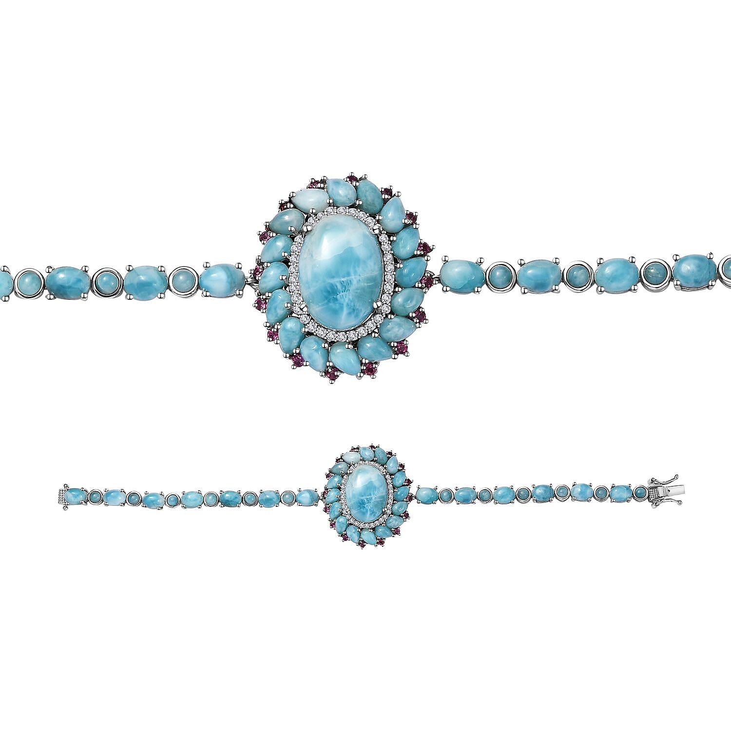 Larimar, Multi Gemstone Flower Bracelet in Platinum Over Sterling Silver (7.25 In) 36.85 ctw