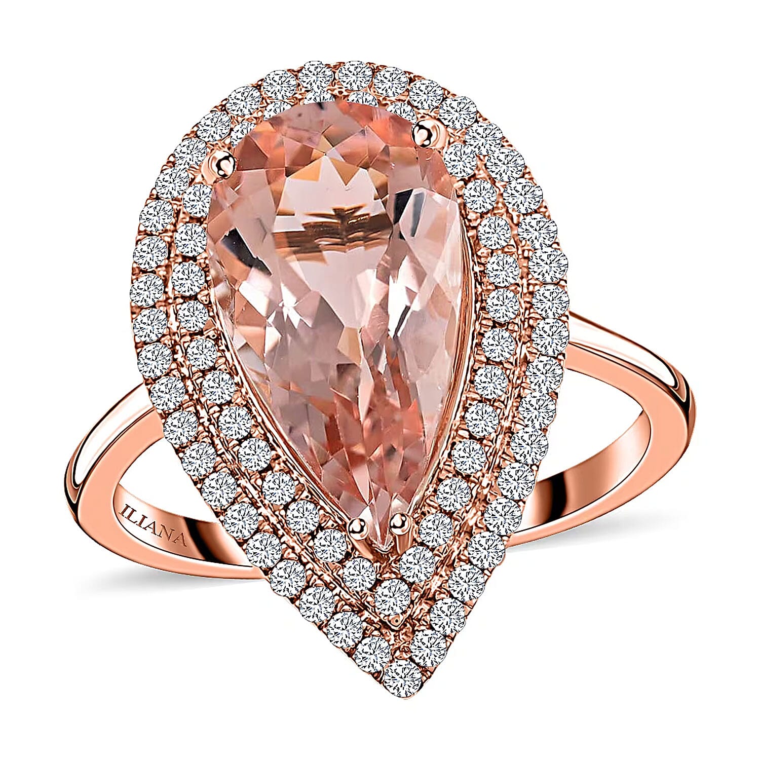 Certified & Appraised ILIANA 18K Rose Gold AAA Marropino Morganite and G-H SI Diamond Double Halo Ring 4.68 Grams 3.80 ctw