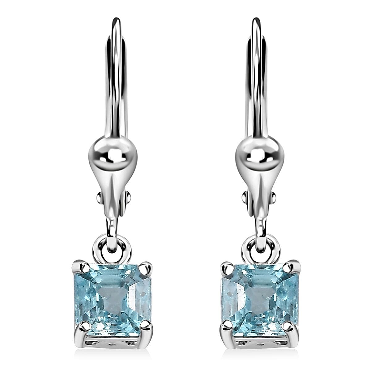 Asscher Cut Cambodian Blue Zircon Lever Back Earrings in Platinum Over Sterling Silver 2.00 ctw