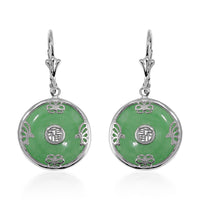 Green Jade (D) Bi-Disc Fu Happiness Earrings in Platinum Over Sterling Silver 14.90 ctw