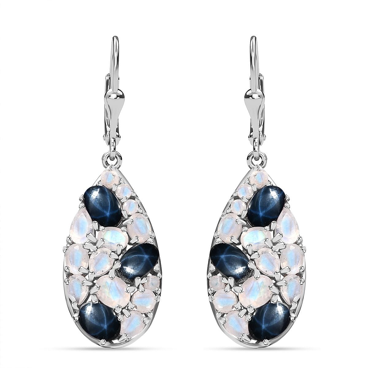 Blue Star Sapphire (DF), Moon Glow Moonstone Earrings in Platinum Over Sterling Silver 7.75 ctw