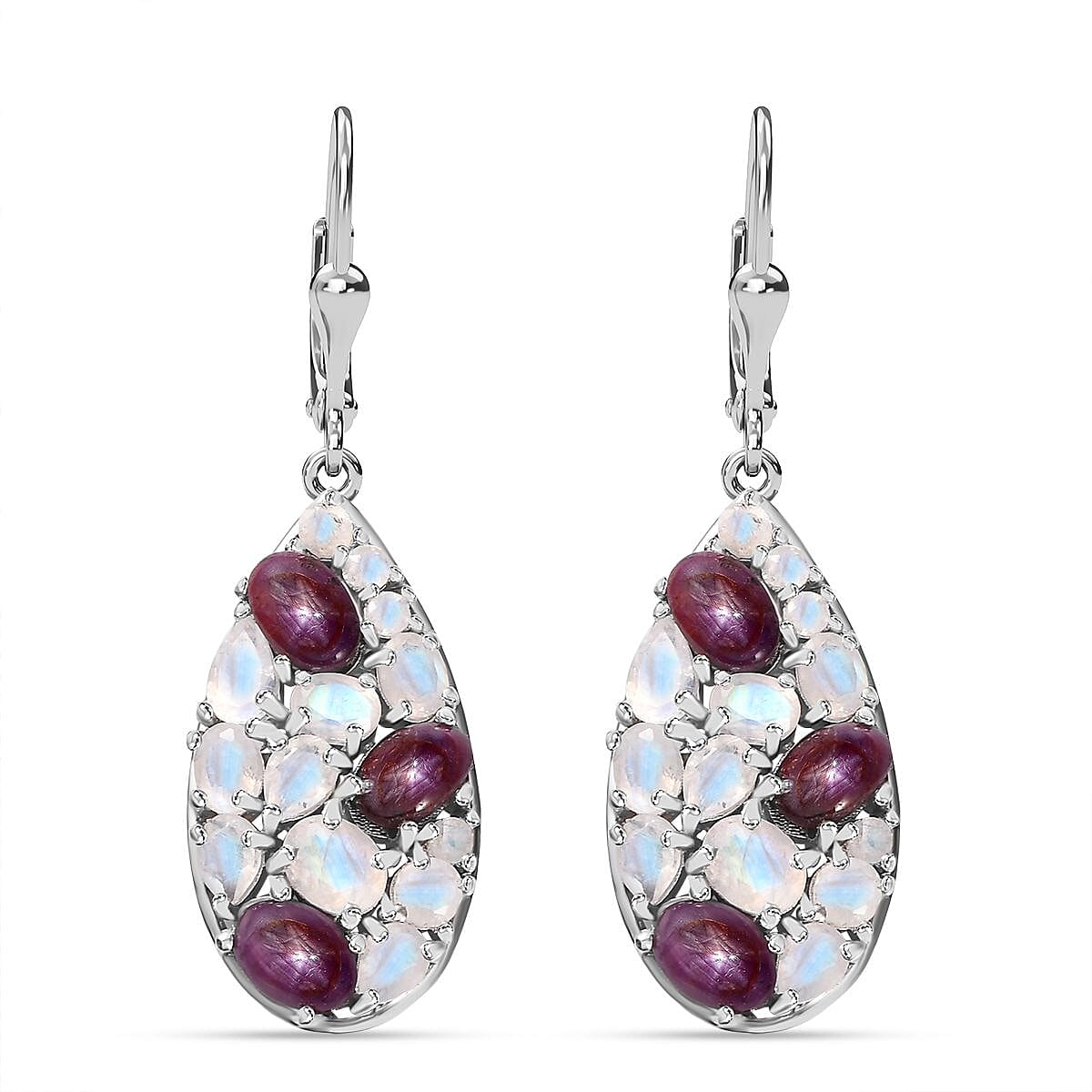 Blue Star Sapphire (DF), Moon Glow Moonstone Earrings in Platinum Over Sterling Silver 7.75 ctw