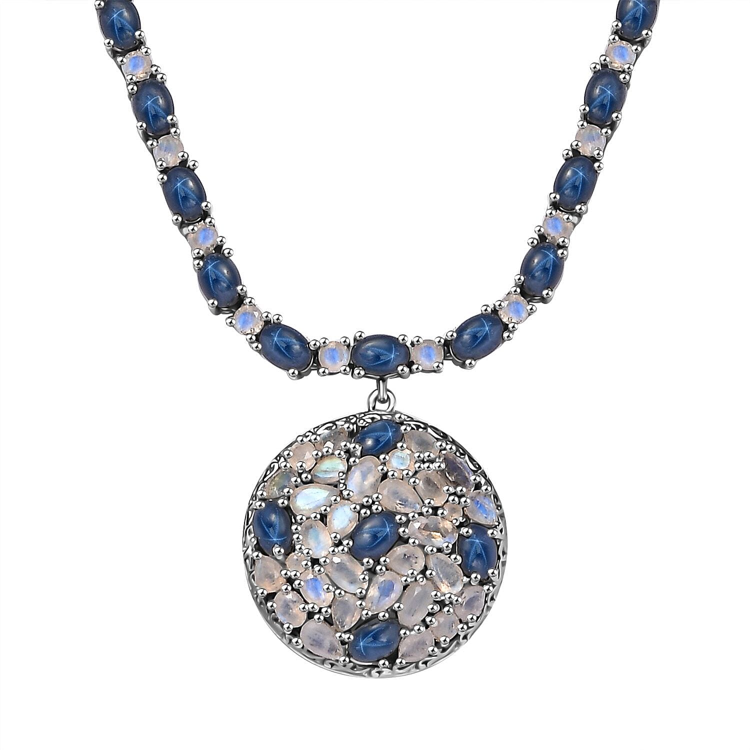 Blue Star Sapphire (DF), Moon Glow Moonstone Necklace (18 Inches) in Platinum Over Sterling Silver 28.90 ctw