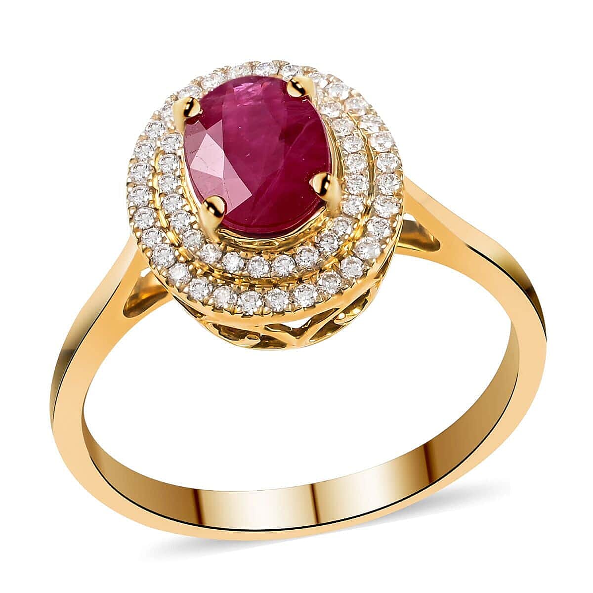 Certified & Appraised Iliana 18K Yellow Gold AAA Ruby and G-H SI Diamond Double Halo Ring (Size 6.0) 4.30 Grams 1.60 ctw