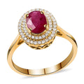 Certified & Appraised Iliana 18K Yellow Gold AAA Ruby and G-H SI Diamond Double Halo Ring (Size 6.0) 4.30 Grams 1.60 ctw - Sticky add to cart bar