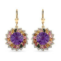 TLV Starburst Cut African Amethyst, Multi-Tourmaline, White Zircon Floral Earring in Vermeil YG Over Sterling Silver 16.50 ctw